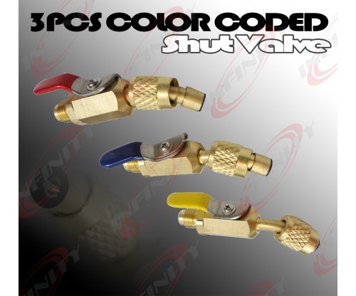  3PCS COLOR CODED R410A R134A SHUT VALVES FOR AC FREON HVAC CHARGING HOSES SET